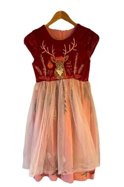 Mini Taylor Girls Deer Holiday Dress Velvet Tulle Sequin Sz 11-12Y Christmas